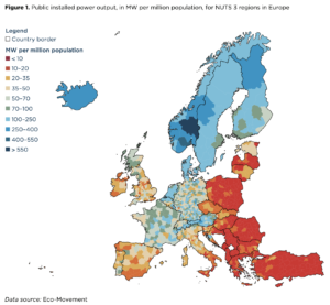 This map shows public installed power output in megawatts (MW) per million population across NUTS 3 regions in Europe.