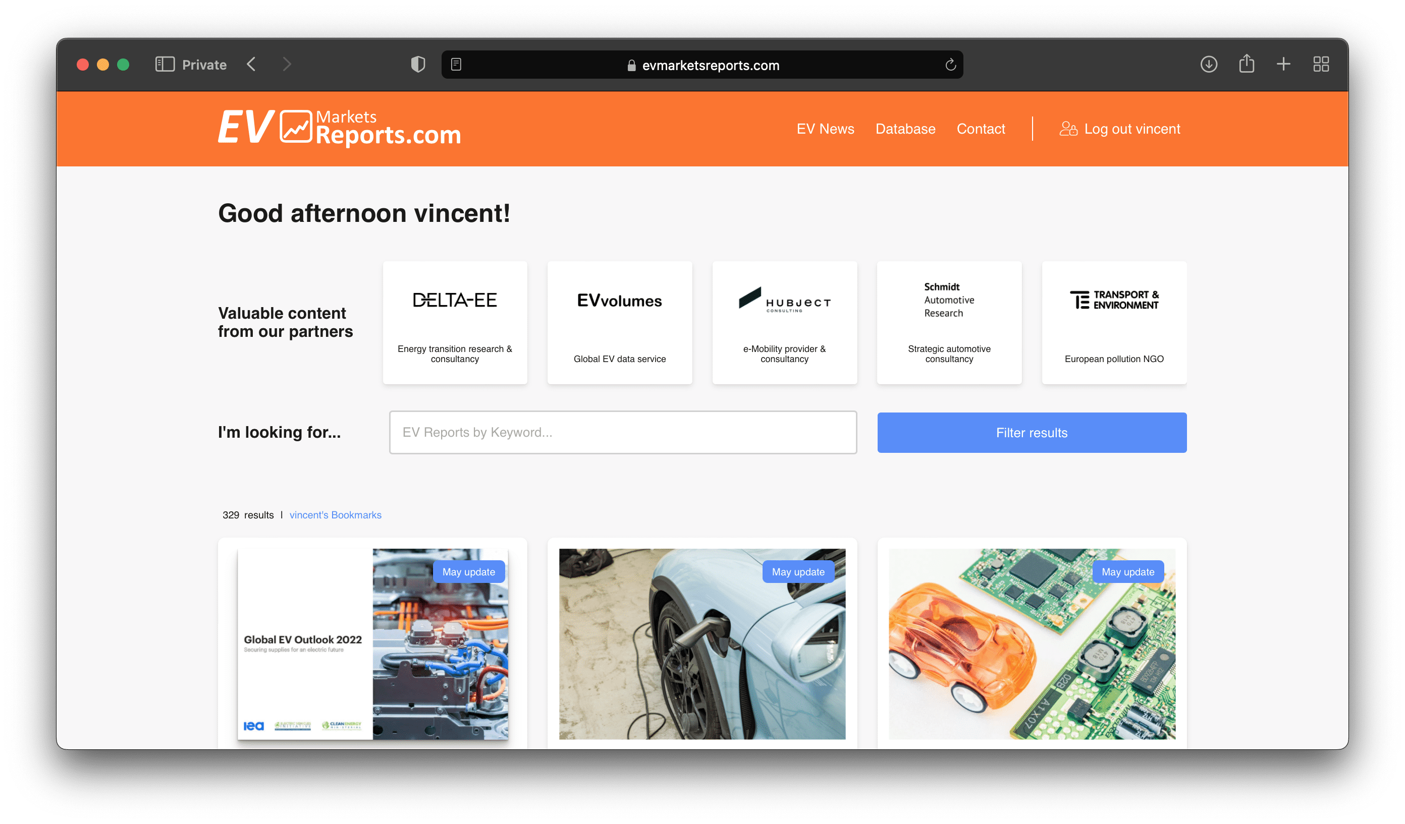 Screenshot of an EV Markets Reports webpage. The header has a greeting, "Good afternoon vincent!", and a search bar for finding reports by keyword. Below are clickable sections for different consulting partners and a display of recent reports with images and titles.