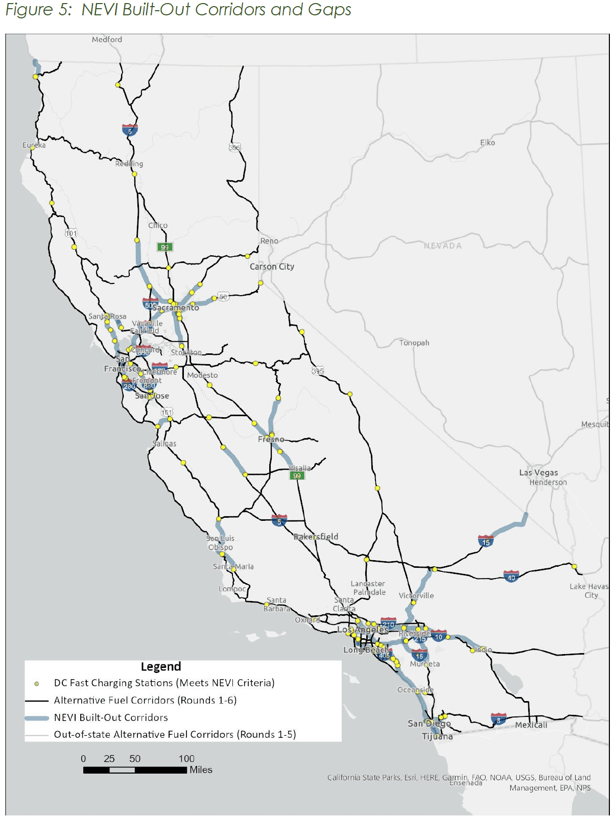 A map depicting NEVI built-out corridors and gaps in California, Oregon, and Nevada. The map shows various highways, DC fast charging stations, and differentiates NEVI-built corridors, alternative fuel corridors, and out-of-state fuel corridors using color-coded lines.