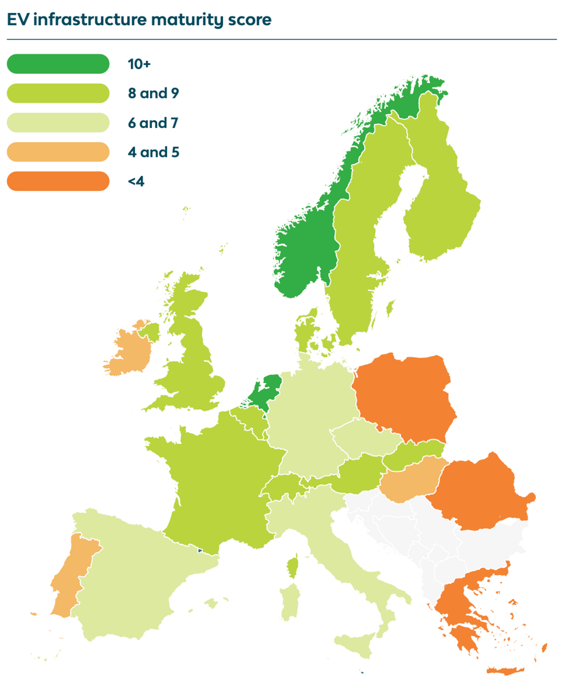 Map of Europe showing EV infrastructure maturity score. Countries are color-coded: light green for scores 4 and 5, green for 6 and 7, bright green for 8 and 9, and dark green for 10+. Orange and red indicate scores below 4. Scandinavia and some Western countries have higher scores.